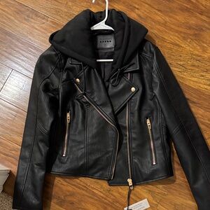 Blank NYC Black Faux Leather Moto Jacket with Removable Hood
